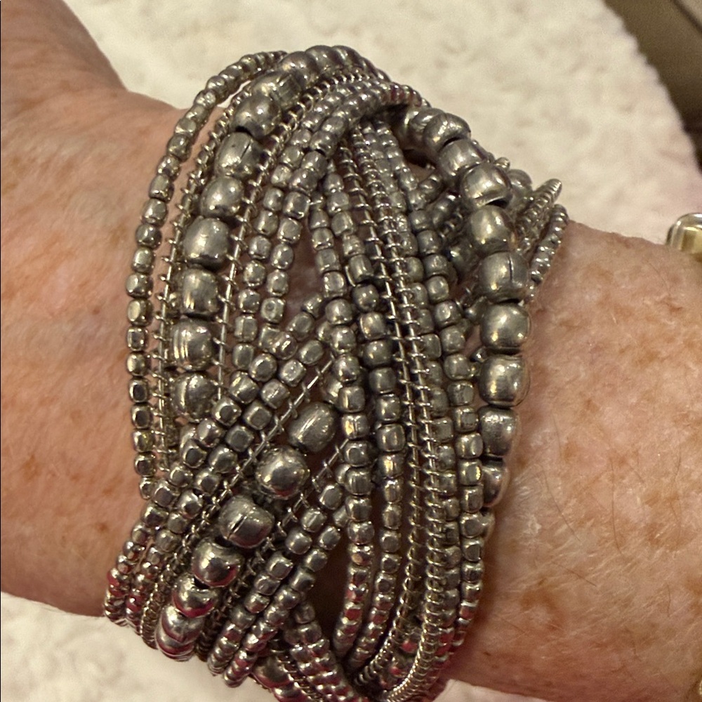 Silver Rhinestone Hoop Earrings & Beaded Cuff Bracelet Set - Picture 2 of 5
